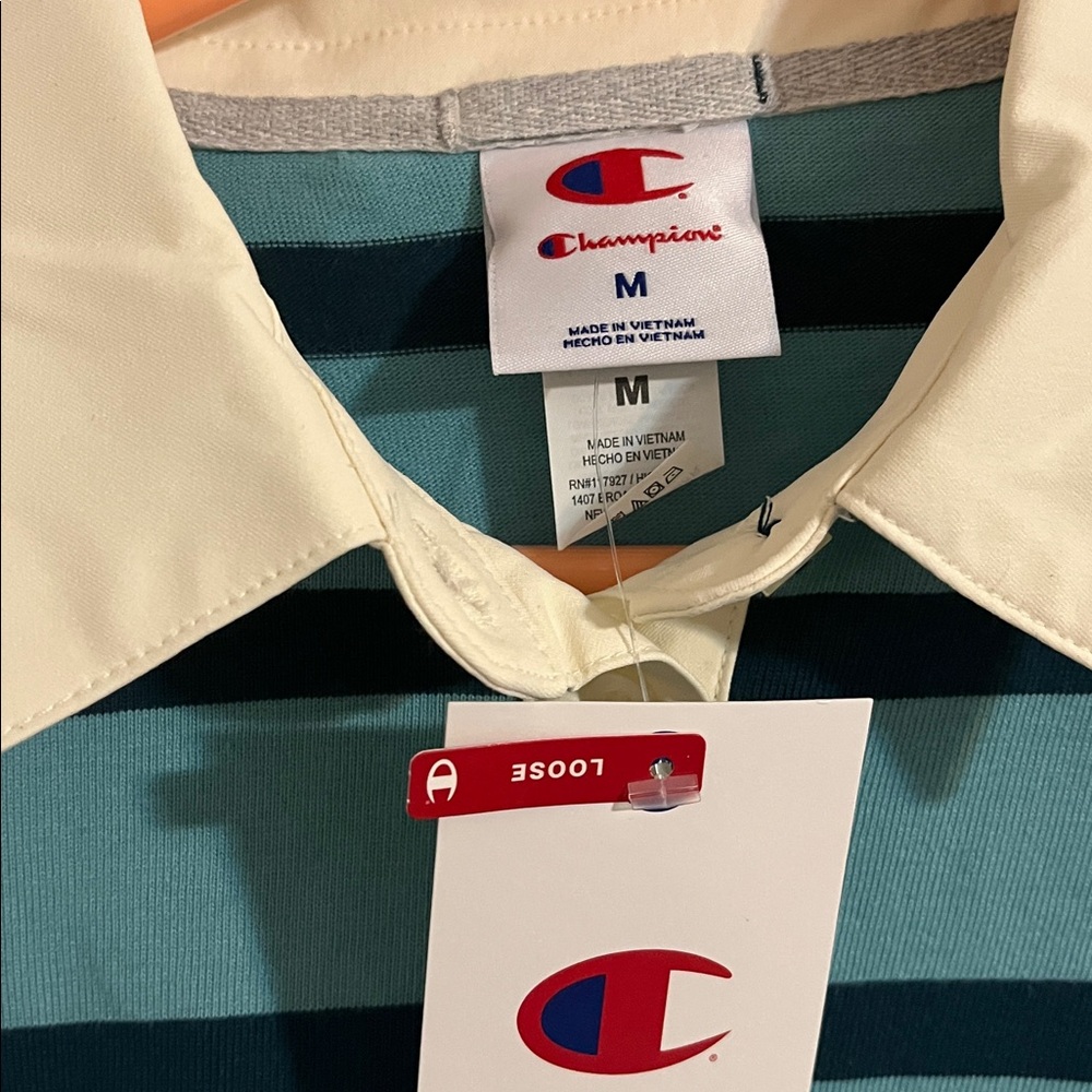 Champion Blue and Navy Striped Rugby cropped shirt tee size Medium - Picture 5 of 5